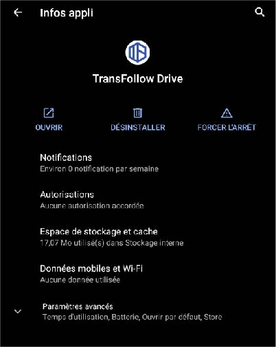 informations de l'application transfollow pour autorisation