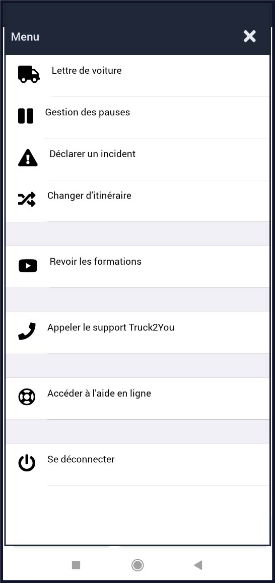 Menu application conducteur Truck2You